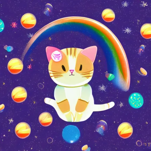 Prompt: cat with a pop sprinkle doughnut body flying though space shooting rainbows