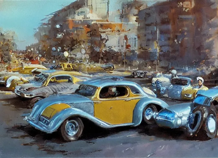 Image similar to hotrods driving down a street , vintage, highly detailed, by John Berkey