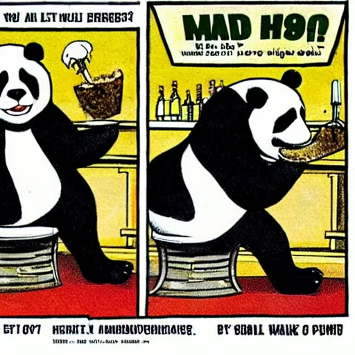 Prompt: a humorous full - color comic illustration from a 1 9 7 0 s issue of mad magazine in which an anthropomorphic panda walks into a bar and then eats, shoots, and leaves.