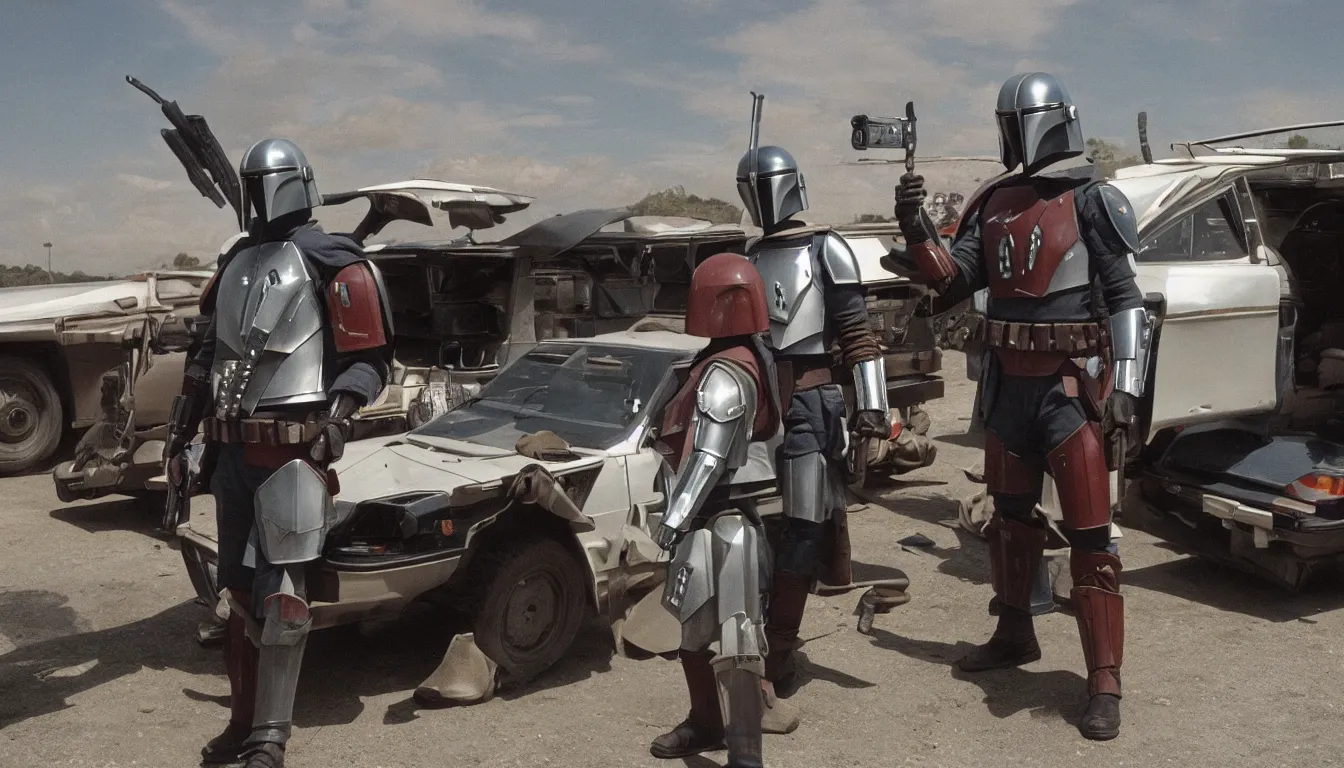 Prompt: mandalorian standing next to and pointing at fso polonez car