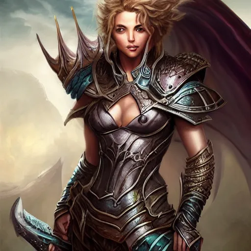 Image similar to a ruthless female paladin, full body, 8 k, hyperrealistic, dragon slayer, hyperdetailed, fantasy portrait by laura sava