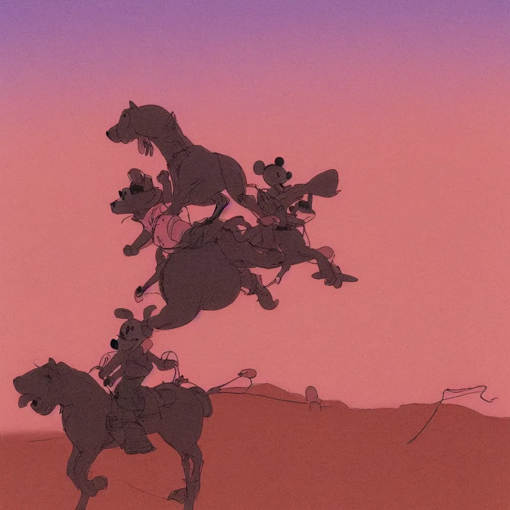 Prompt: Mickey Mouse riding a horse in a desert, pink sky, high definition, by Moebius