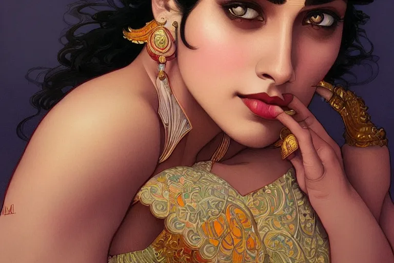 Image similar to sensual pale beautiful indian doctor in jeans, art deco portrait, elegant, intricate, digital painting, artstation, concept art, smooth, sharp focus, illustration, art by artgerm and greg rutkowski and alphonse mucha