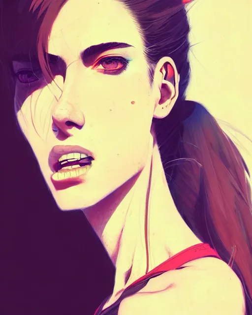 Image similar to a ultradetailed beautiful portrait painting of a stylish woman with a ponytail, she is wearing a black tank top and jeans, by conrad roset, greg rutkowski and makoto shinkai trending on artstation