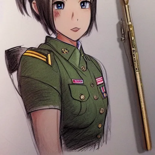 Image similar to beautiful girl, elegant, us army captain uniform, anime girl wearing uniform, sketch, drawing, doodle, hand - drawn