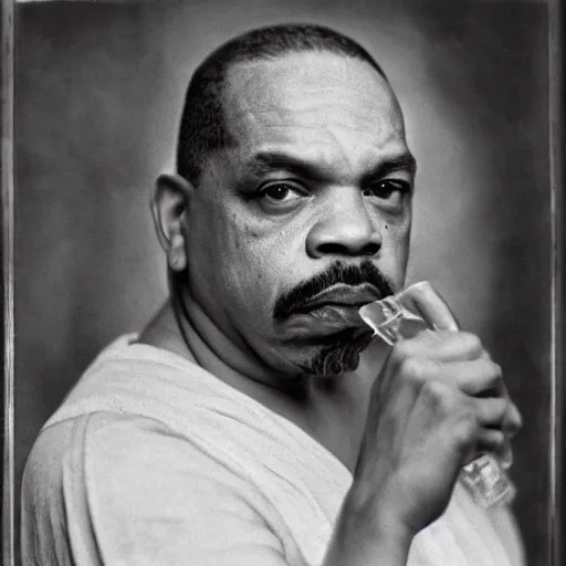 Prompt: ice - t, glass with a straw, by julia margaret cameron, realistic, body shot, sharp focus, 8 k high definition, insanely detailed, intricate, elegant