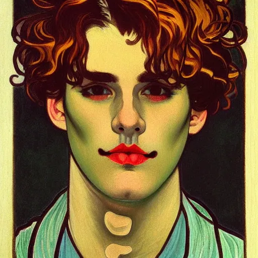 Image similar to painting of young cute handsome beautiful dark medium wavy hair man in his 2 0 s named shadow taehyung at the halloween pumpkin jack o'lantern party, melancholy, autumn colors, japan, elegant, clear, painting, stylized, delicate, soft facial features, delicate facial features, soft art, art by alphonse mucha, vincent van gogh, egon schiele