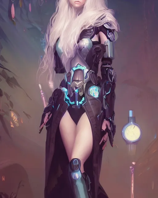 Prompt: holy cyborg necromancer girl, elegant, scifi, futuristic, utopia, garden, illustration, atmosphere, top lighting, blue eyes, white hair, beautiful, artstation, highly detailed, art by yuhong ding and chengwei pan and serafleur and ina wong