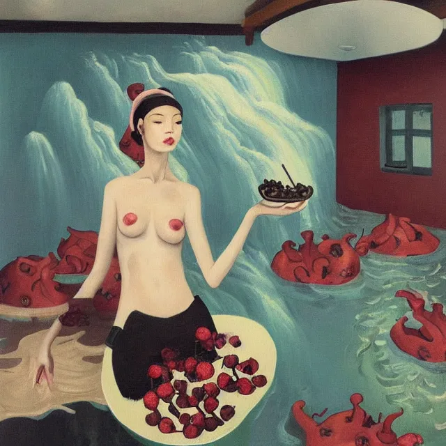 Image similar to tall female catgirl artist holding berry pancakes in her flooded apartment, pomegranates, octopus, water gushing from ceiling, painting of flood waters inside an artist's apartment, a river flooding indoors, mushrooms, ikebana, zen, rapids, waterfall, black swans, canoe, berries, acrylic on canvas, surrealist, by magritte and monet