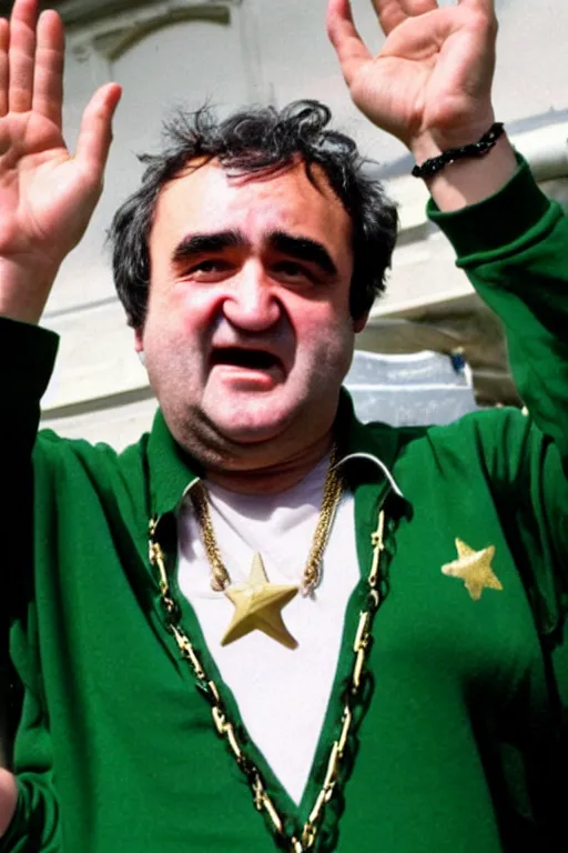 Image similar to gordon brown mixed with john belushi, dark black hair, wearing a green umbro tracksuit and gold necklace star shaped medallion, hands raised in the air,