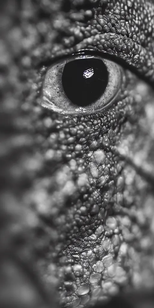 Image similar to ultra realistic highly detailed macro photograph of a human eye shaped like a lizard, dramatic lighting, close - up photo