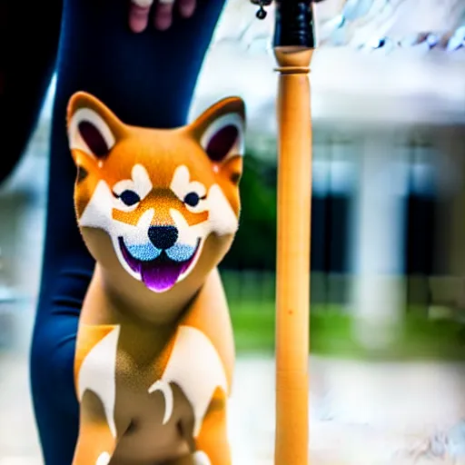 Prompt: close - up photo of shiba inu holding huge mace in paws, standing vertically, ( eos 5 ds r, iso 1 0 0, f / 8, 1 / 1 2 5, 8 4 mm, postprocessed, sharp )