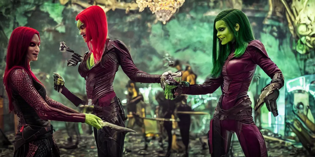 Prompt: beautiful photograph of Gamora taking mate with Scorpion in Buenos Aires. Medium shot.