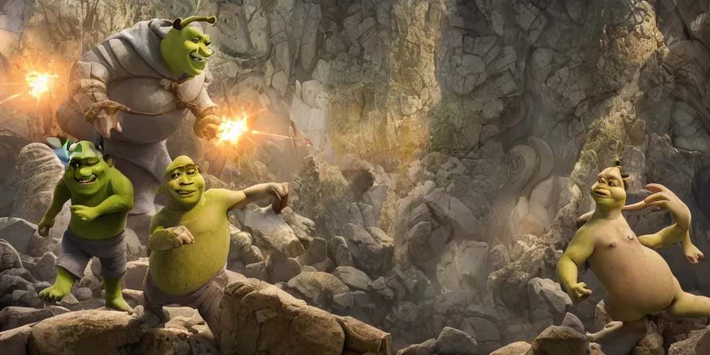 Image similar to shrek versus god, marble, realistic 4 k octane beautifully detailed render, 4 k post - processing, highly detailed, intricate complexity, epic composition, magical atmosphere, cinematic lighting, masterpiece, ultra hd