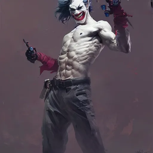Image similar to joker, dynamic pose, painted by wenjun lin, greg rutkowski