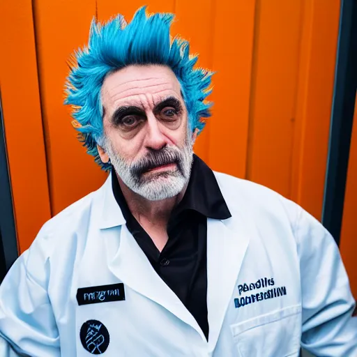 Image similar to portrait photo still of real life rick sanchez wearing a labcoat 8 k, 8 5 mm f 1. 8