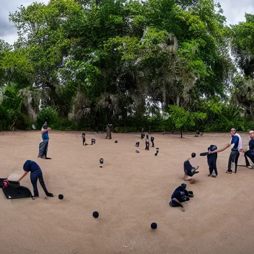 Image similar to a professional photograph of crocodiles playing petanque, wide angle, 4 k