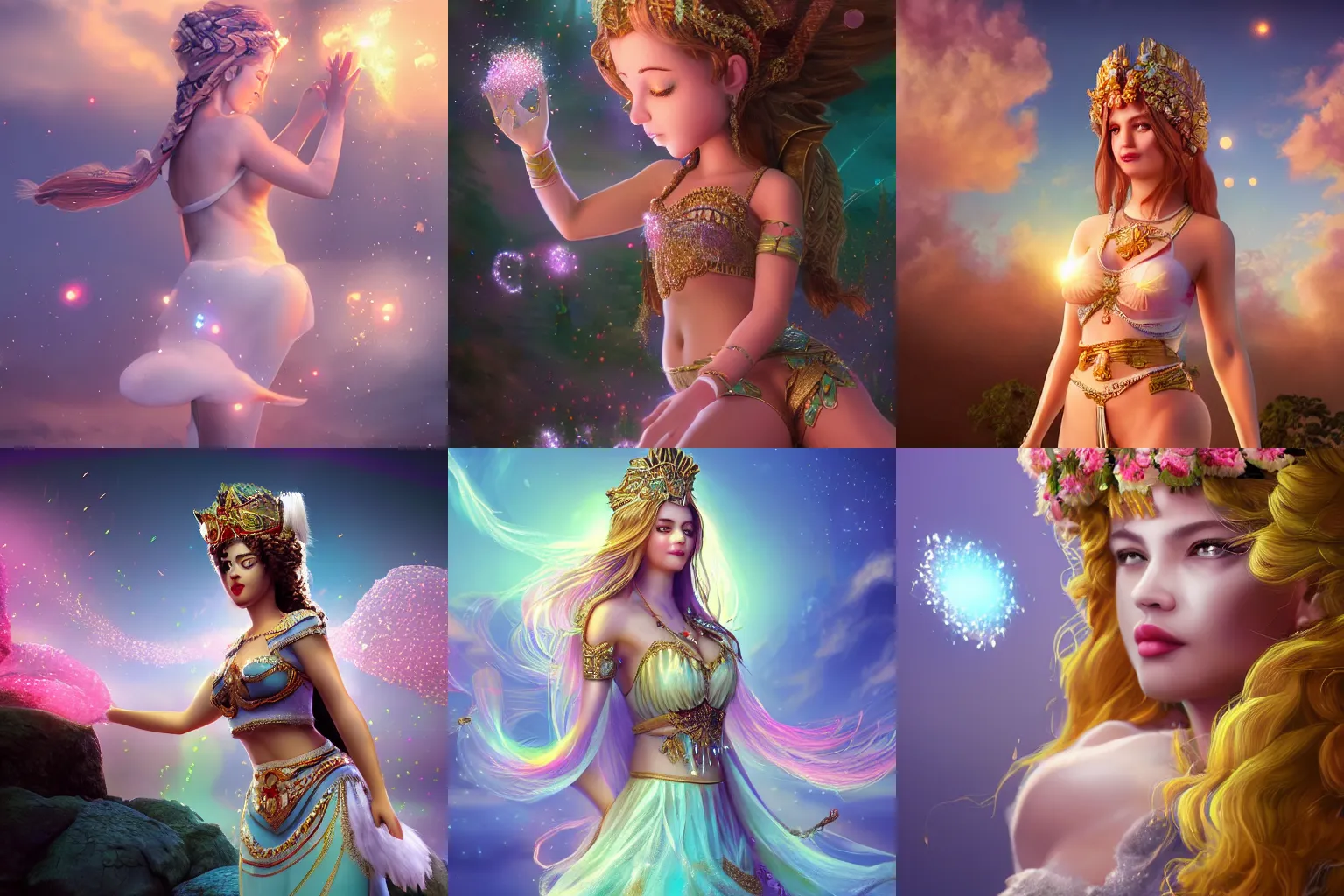 Prompt: a beautiful female goddess of the sugar character, character is in all its glory, character is in her natural relaxed pose, rim lights, particles and dust in the air, fancy clouds, highly detailed professional photo, dynamic lights, particles are flying, depth of field, trending on artstation, professional illustration, hyper realistic, vray caustics, super detailed, colorful accents, cinematic shot