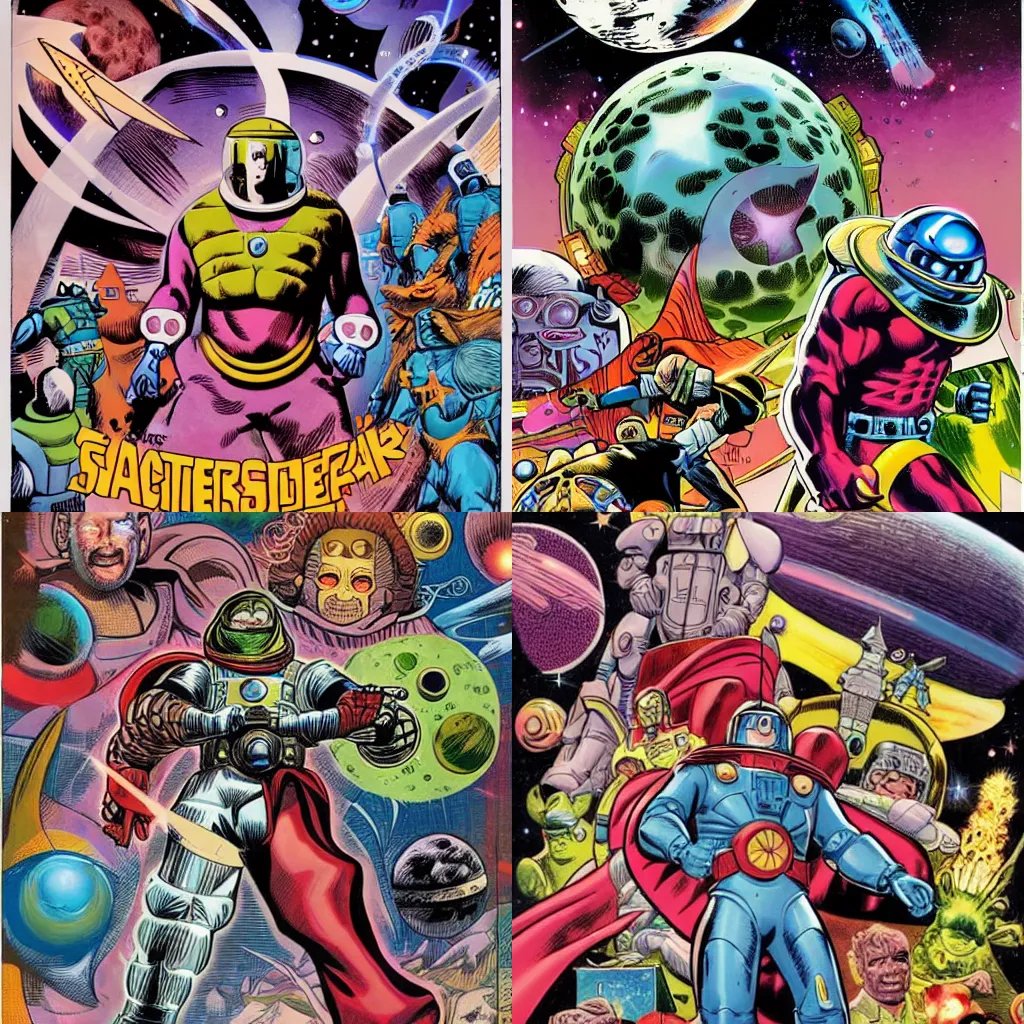 Prompt: textless stacked chatacters cover art of a space opera with heroes and villains on a nerfarious planet, jack kirby