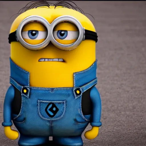 Prompt: an uncanny valley minion looking directly at the camera