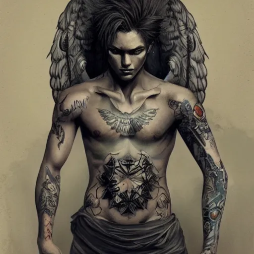 Prompt: beautiful androgynous fallen angel with tattoos on his body falling through the sky, intricate, hd, high detailed, 4 k, art by greg rutkowski