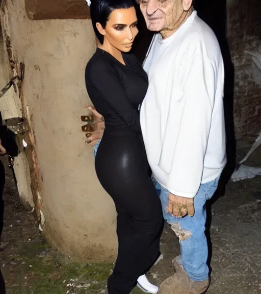 Prompt: Joe pesci hugging kim kardashian in a derelict  mafia mansion