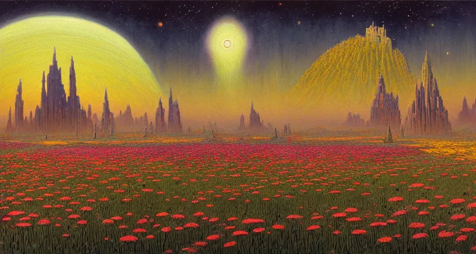 Image similar to a beautiful painting of a large walking castle in a field of flowers by moebius, underneath a star filled night sky, harold newton, zdzislaw beksinski, donato giancola, warm coloured, gigantic pillars and flowers, maschinen krieger, beeple, star trek, star wars, ilm, atmospheric perspective