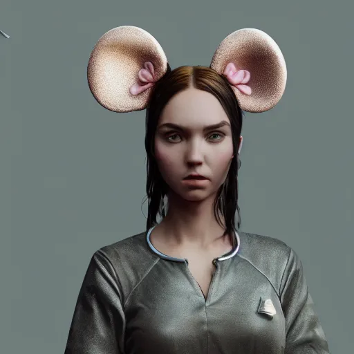 Prompt: beautiful girl wearing mouse ears and jumpsuit, sharp focus, octane render, volumetric lighting, 8k high definition, by greg rutkowski, highly detailed, trending on art Station