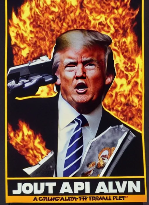 Image similar to an 8 0's john alvin action movie poster of donald trump starring in trumpster fire. dumpster explosions.