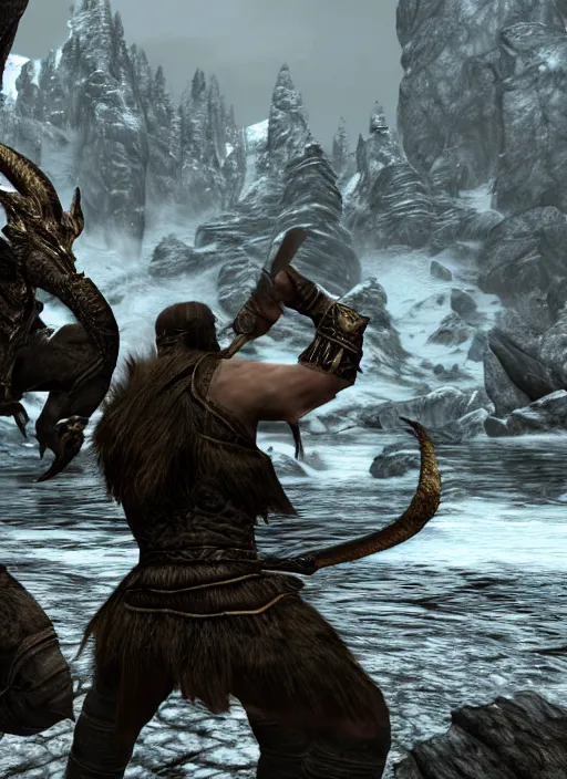 Prompt: the elder scrolls skyrim, hyperrealistic photograph, dovahkiin fighting a dragon, magic spells. 8k