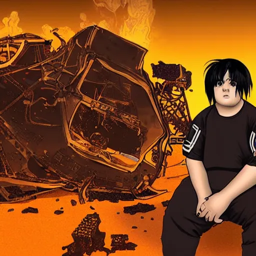 Image similar to portrait of an overweight depressed teenager with emo haircut wearing gothy purple and black spandex suit, sitting next to smashed burning spacecraft wreckage, on the orange surface of mars, highly detailed, dramatic lighting, photorealistic, cinematic