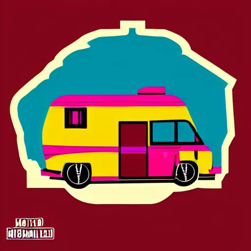 Image similar to stylized stencil graphic of a white and black cute thor chateau! motorhome camper!!, mountains, colorful sunset!!, stencil by tom whalen