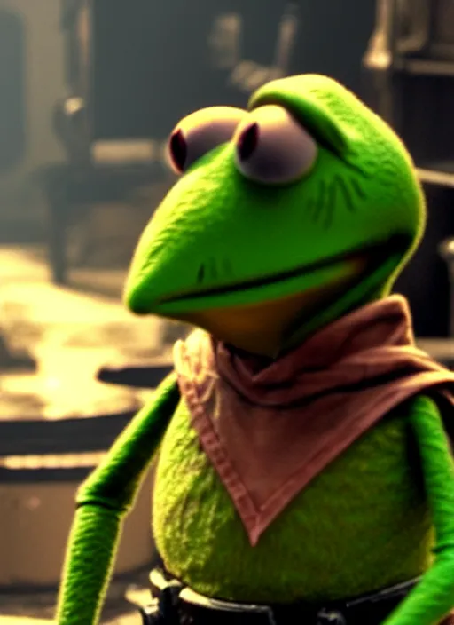 Prompt: kermit the frog in fallout 4, wearing power armor, hq screen shot, octane render, cinematic lighting, sharp detail, 5 k