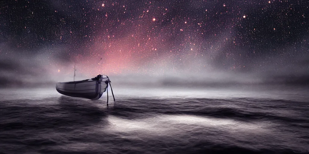 Image similar to a highly detailed realistic photographic render of a boat in a sea of stars, surreal, cinematic lighting, cinematic scene, volumetric lighting, atmospheric scene, dark, mystery, atmospheric lighting, realistic, photo realism, hyper realistic, hyper realism, photo realisitc, cinematic render, film, beautifully lit, ray traced, octane 3 d render, octane render, unreal engine