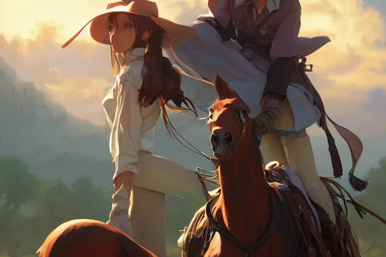 Image similar to western cowgirl, single subject, scenic full shot, ambient lighting, detailed face, by makoto shinkai, stanley artgerm lau, wlop, rossdraws