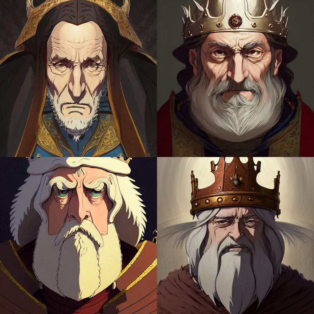 Prompt: portrait of a medieval old king, artstation, cartoon, elegant, highly detailed, digital painting, concept art, smooth, sharp focus, illustration, art by studio ghibli, makoto shinkai, don bluth, fujita goro, jean giraud, akihiko yoshida, fadeev 8 k