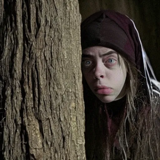 Image similar to found footage of Billie Eilish as the witch in The Blair Witch Project, movie still, horror