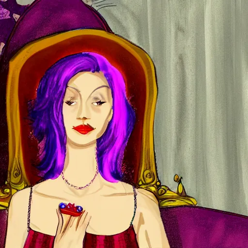 Prompt: A skinny woman with purple hair wearing a crown, sitting in a red throne in a dark room. Digital painting.