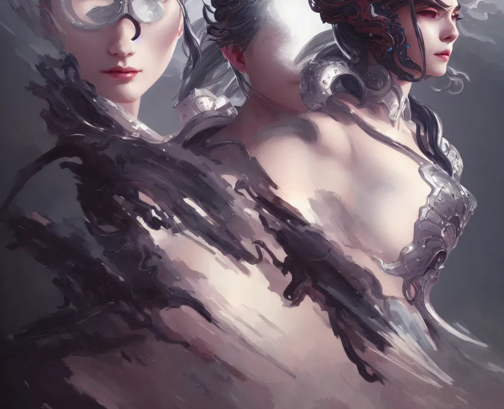 Image similar to portrait hero action pose of futuristicfemale knights of zodiac, dark grey hair, abstract chinese dragon concept art, d & d, highly detailed, digital painting, artstation, sharp focus, illustration, art by tan zi and ayanamikodon and alphonse mucha and wlop