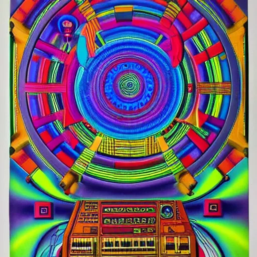 Prompt: Synthesiser designed by Paul laffoley, high detail photorealistic psychedelic