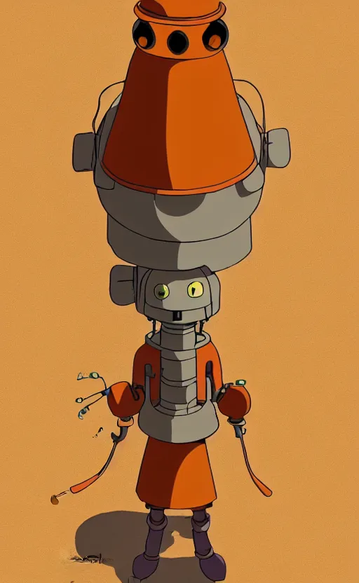 Image similar to a study of cell shaded cartoon of an orange robot monk from howl's moving castle ( 2 0 0 4 ) on a desert road, full body, wide shot, very muted colors, post grunge, studio ghibli, laurie greasley, highly detailed, deviantart, art by artgem