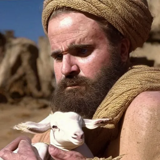 Prompt: cinematic still of depressed man with beard in ancient Canaanite clothing cradling a lamb, sad, anguished, somber, serious, directed by Terrence Malick