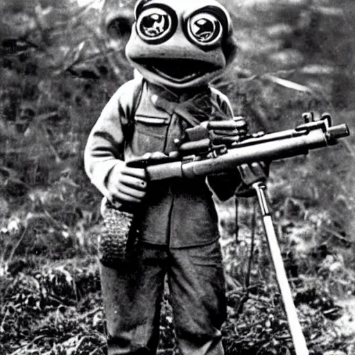 Prompt: old wartime photograph of crazy frog holding a lewis gun, 1 9 1 7