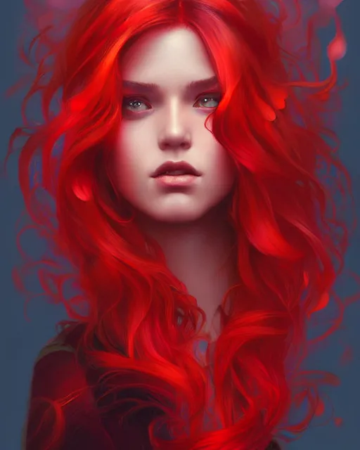 Image similar to emily rajtkowski, lake, red, flaming hair, highly detailed, digital painting, artstation, concept art, smooth, sharp focus, illustration, art by artgerm and greg rutkowski and alphonse mucha