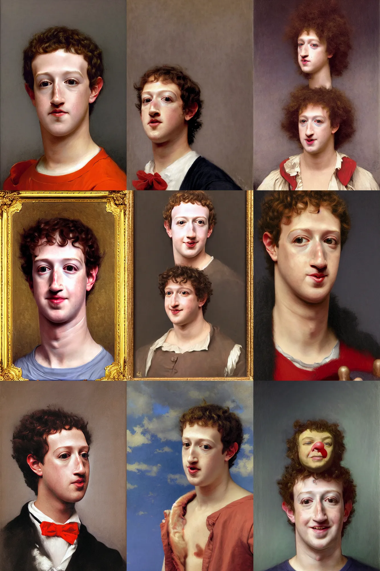 Prompt: detailed portrait of mark zuckerberg as a clown at chuck e cheese rainbow wig by william - adolphe bouguereau, elizabeth jane gardner, alexandre cabanel, jean auguste dominique ingres, tony robert - fleury, john william waterhouse, francois - edouard picot, gustave courbet