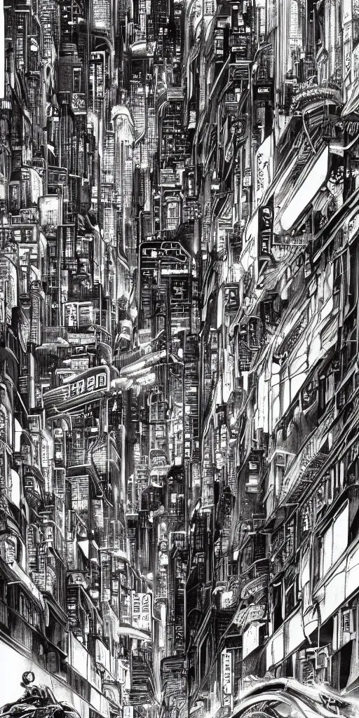 Image similar to beautiful and detailed anime drawing of an GHOST IN THE SHELL-like cyberpunk city landscape with light trail from a motorcycle at the bottom and a bridge silhouette at the top, China at night, 1980s, by Katsuhiro Otomo and mamoru oshii, wide angle, worm's eye view, grand, clean, colorful
