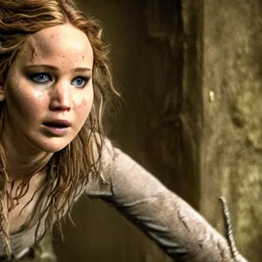 Image similar to jennifer lawrence as frankenstein's monster, color photography, sharp detail, still from the movie