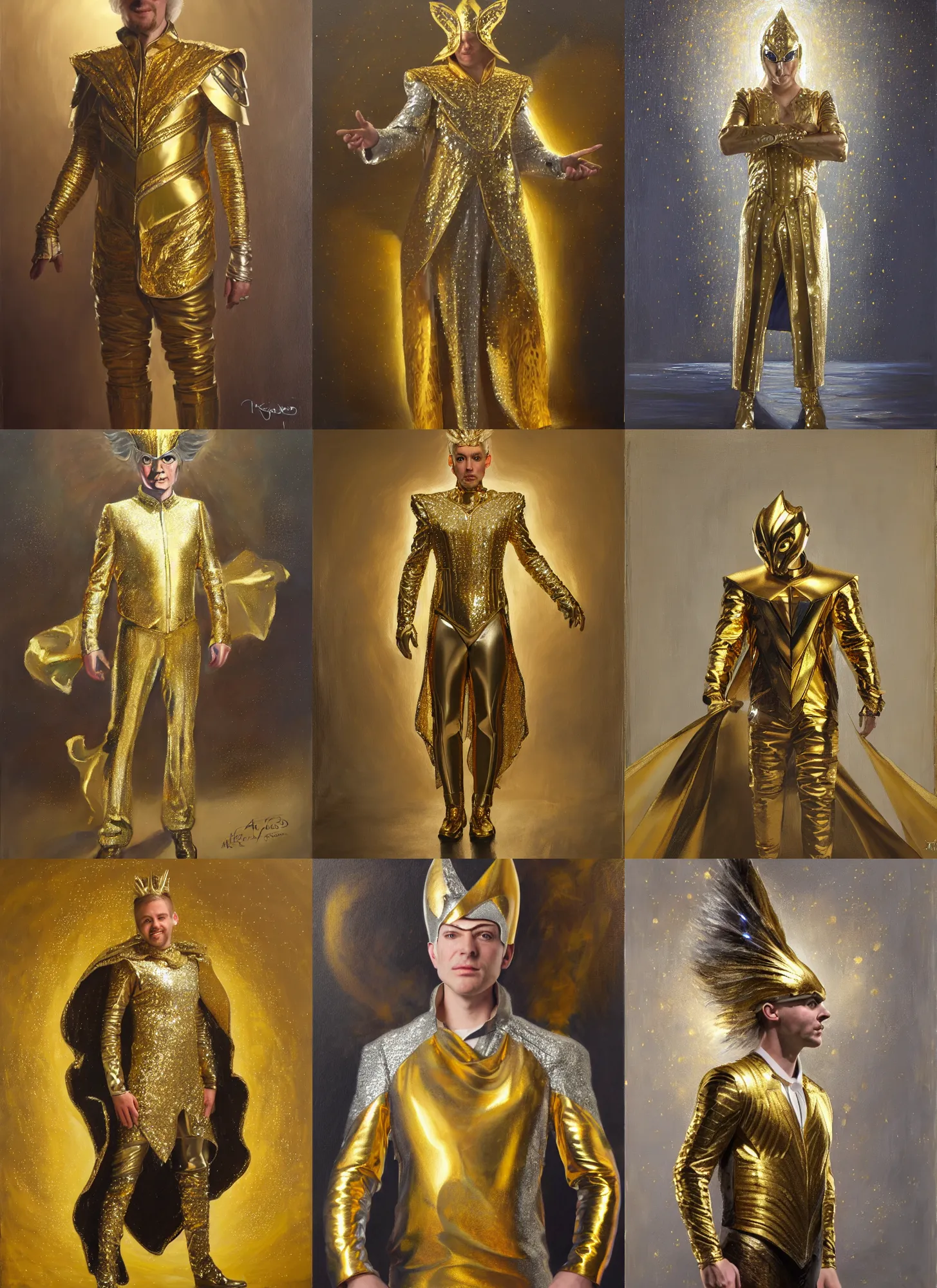 Prompt: a man dressed in a gold and silver costume, art by alex heywood, fantasy art, reimagined by industrial light and magic, oil on canvas, hd