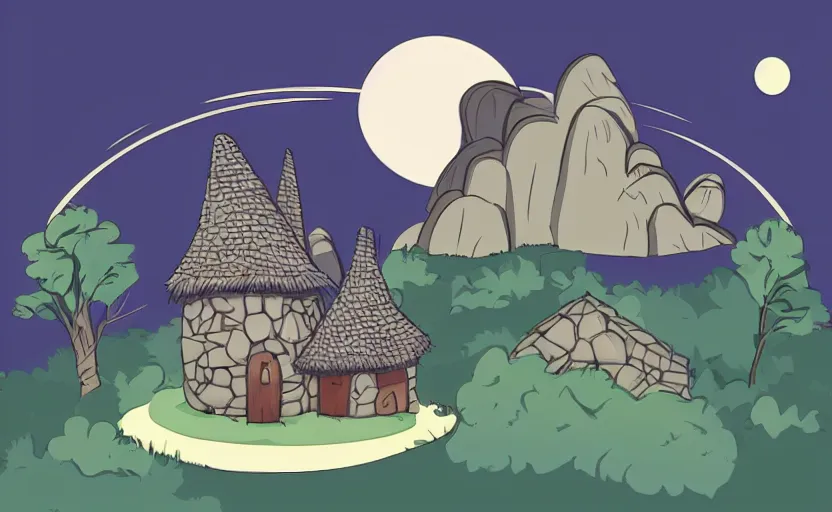 Prompt: a witch's cottage on a lonely hill against a giant moon, color ink, flat, vector