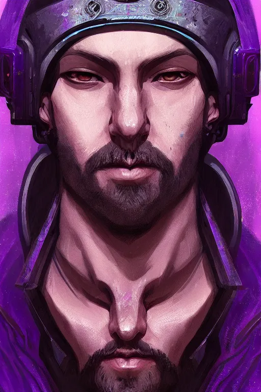 Image similar to a portrait of the cyberpunk medieval - styled king, purple eyes, short beard, high - contrast, intricate, elegant, highly detailed, digital painting, artstation, concept art, smooth, sharp focus, illustration
